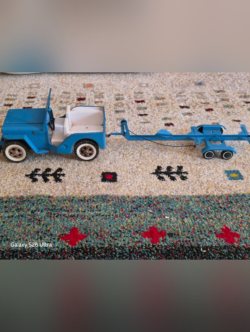 Vintage 1960s pressed steel Tonka Jeepster matching double-axle boat trailer